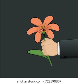 A man's hand with an orange flower. Vector illustration.