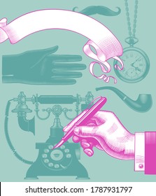 Man's hand with pen and set of retro business accessories and items. Vintage engraving stylized drawing in green and pink and design concept. Vector illustration