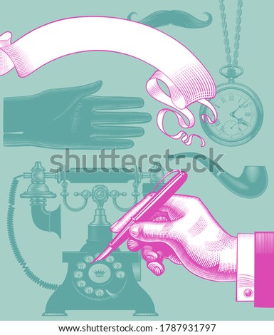Man's hand with pen and set of retro business accessories and items. Vintage engraving stylized drawing in green and pink and design concept. Vector illustration