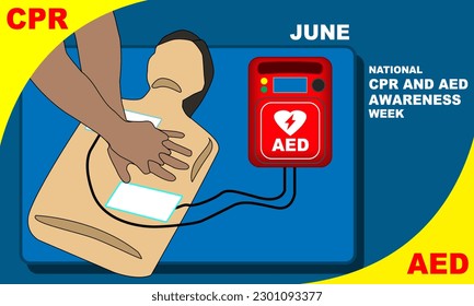 a man's hand performs CPR (Cardiopulmonary resuscitation)  on a mannequin with an AED (automated external defibrillator) in red and bold text commemorating National CPR and AED Awareness Week on June