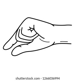 Man's hand pinching invisible item. Hand holding something with two fingers. Vector flat outline icon illustration isolated on white background.