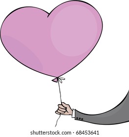 Man's hand with a pink balloon in the shape of a heart
