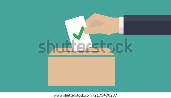 A man\'s hand placing a\
ballot with a check mark in the ballot box. Politics and election.\
Vector.