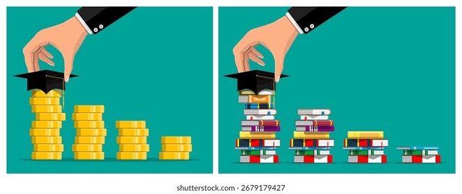 Mans hand placing graduation cap on stacked coins and books. Investment in education and knowledge concept. Cost of learning growth chart.