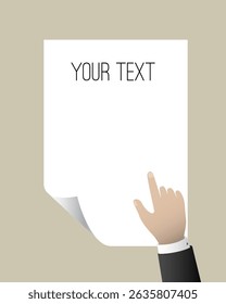 A man's hand points to a blank sheet of paper. Space for your text. Vector concept design.
