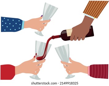 La mano de un hombre vierte el vino de una botella en el vaso de una mujer. Un hombre cuida a una mujer. Ilustración vectorial.