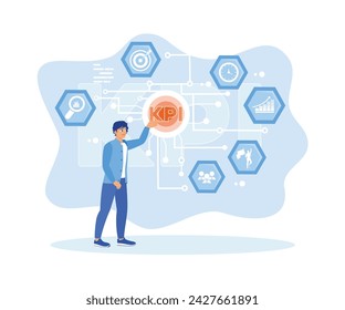 The man's hand is pressing the KPI button on the screen. Measuring the achievement of planned business targets. KPI concept. flat vector modern illustration 
