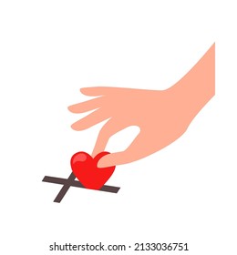 la mano de un hombre pone un corazón en una caja de donaciones en una iglesia cristiana. el concepto de bondad, generosidad, amor, donación. ilustración vectorial aislada en fondo blanco