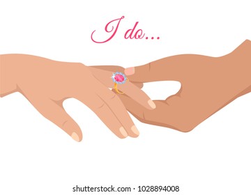 Mans Hand Puts Precious Ring With Gem On Womans Annulary Finger Isolated Flat Vector. Marriage Proposal Or Engagement Concept With Wedding Ring