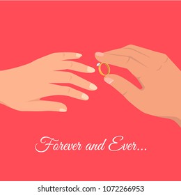 Mans hand puts precious ring with gem on womans annulary finger isolated flat vector. Marriage proposal or engagement concept with wedding slogan