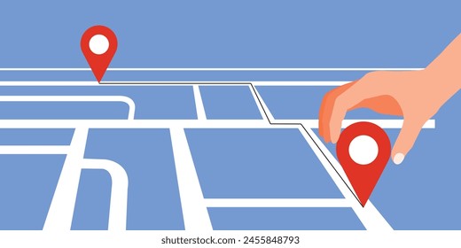 la mano del hombre pone el waypoint en el mapa. la ruta del tráfico en el mapa. la Ilustración vectorial.
