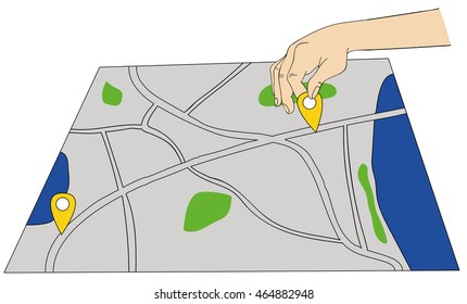 man's hand puts waypoint on the map. traffic route on the map. vector illustration.