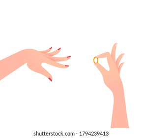 A man's hand puts a wedding ring on a woman's hand. Vector illustration, cartoon color design, isolated on white background, eps 10.