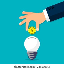 Man's hand putting coin inside the light bulb - investment and innovation concept, vector illustration.