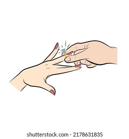 Man's hand putting a diamond ring on a woman's finger.  svg