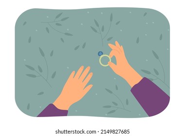 Mans hand putting ring on female finger flat vector illustration. Groom putting wedding diamond ring on brides finger. Engagement, ceremony concept for banner, website design or landing web page