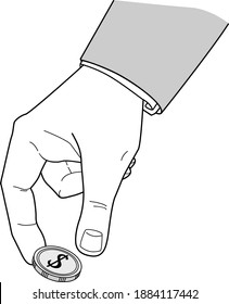 Man's hand raises a coin with a dollar sign. Linear drawing. Vector illustration