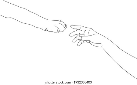 A man's hand reaches for a dog's paw. Illustration. friendship 