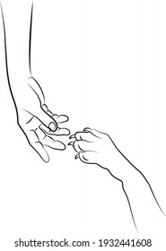 A man's hand reaches for a dog's paw. Illustration. friendship 