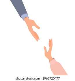 The man's hand reaches for the woman's hand. Concept: help, support, rescue, helping out. The strong helps the weak. Vector illustration, flat cartoon color design, isolated on white background, eps.
