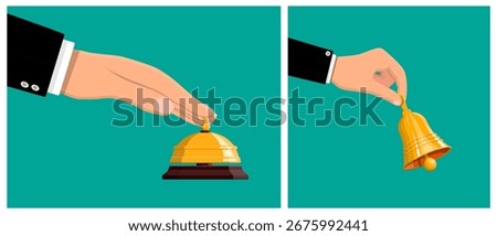 Man's hand ring desk hotel bell service. Golden bell ding concept. Restaurant, reception, support symbol illustration.