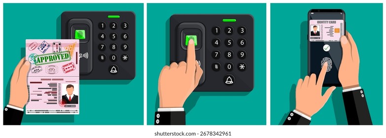 Mano del hombre escaneando huella digital para acceso de seguridad. Sistema de Identificación biométrica para la verificación de identidad digital. Tecnología moderna para un Inicio de sesión seguro.
