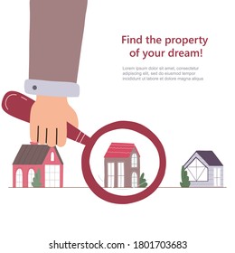 Man's hand searching a house with big magnifying glass. Property selection concept. Vector flat illustration. Web banner template.