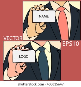 Man's hand showing business card - closeup shot. Cartoon vector.