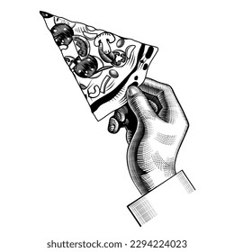 A man's hand with a slice of pizza. Conceptual design of the menu of an Italian restaurant. An old engraving with a stylized linear pattern. Vector illustration.