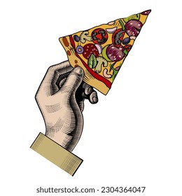 A man's hand with a slice of pizza. Conceptual design of the menu of an Italian restaurant. An old engraving with a stylized linear pattern. Vector illustration. 