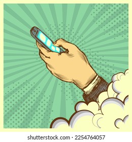 La mano de un hombre con un smartphone sobre el fondo de rayos divergentes, como símbolo de tecnologías y comunicaciones modernas. Ilustración del vector