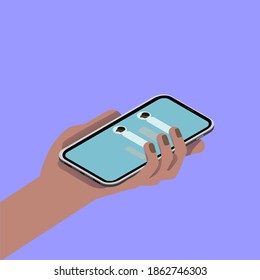 Mans hand with smartphone. Dialog on the screen. Avatar icons on the screen. Girl icon. Purple background.