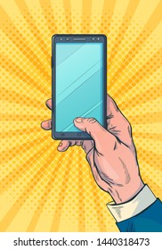 Man's hand with a smartphone. Highly detailed, hand-drawn, vector, illustration in the style of pop art, on social media theme. Modern technology, using gadgets, surfing internet on on mobile phone.