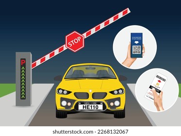 Man's hand with a smartphone scans the QR code on parking system. Cars in the parking lot. Parking zone with payment system. Car front view. Parking entrance with barrier. Vector.