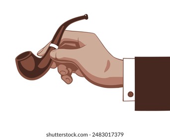 Man's hand with a smoking pipe on a white background. Minimalistic and flat color drawing. Vector illustration Vector illustration