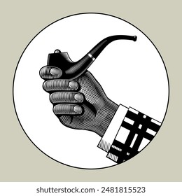 Man's hand with a smoking pipe in round frame. Drawing in vintage engraving black and white style. Vector illustration