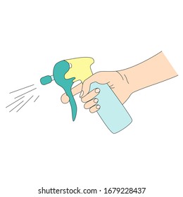 La mano de un hombre pulveriza una solución desinfectante para virus y bacterias o un spray de limpieza para la suciedad. Ilustración vectorial plana aislada en fondo blanco.