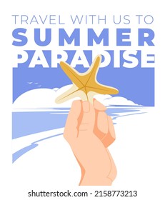 Man's hand with a starfish on a background of tropical coast. Banner advertising of the tourist season. Flat vector illustration.