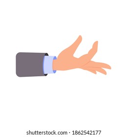 A man's hand in a suit holds a wrist, palm up, and holds something with two fingers. Concept: show, demonstrate, gesture, gesture. Vector flat color cartoon design isolated on white background.