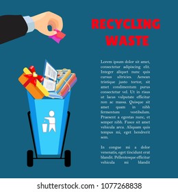 A man's hand is throwing out trash. Waste separation. Poster and banner recycling garbage. Colorful icon. Isolated object.

