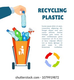 A man's hand is throwing out trash. Waste separation. Poster and banner recycling garbage. Colorful icon. Isolated object.