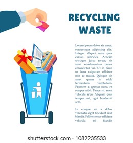 A man's hand is throwing out trash. Waste separation. Poster and banner recycling garbage. Colorful icon. Isolated object.