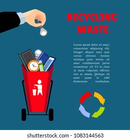 A man's hand is throwing out trash. Waste separation. Poster and banner recycling garbage. Colorful icon. Isolated object.


