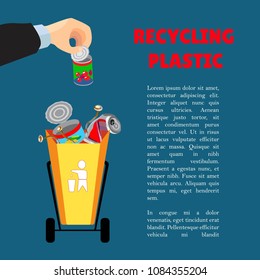 A man's hand is throwing out trash. Waste separation. Poster and banner recycling garbage. Colorful icon. Isolated object.