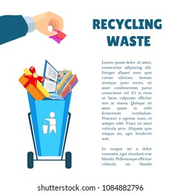 A man's hand is throwing out trash. Waste separation. Poster and banner recycling garbage. Colorful icon. Isolated object.