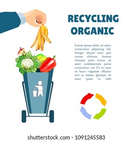 A man's hand is throwing out trash. Waste separation. Poster and banner recycling garbage. Colorful icon. Isolated object.