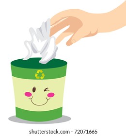 Man's hand throwing a paper to a smiling green recycle trashcan