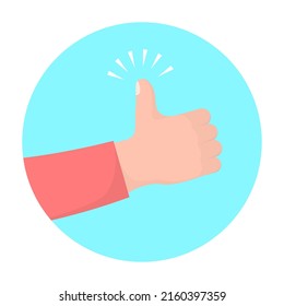 Man's hand with thumb up on blue circle background. light skin tone .good work