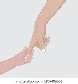 Man's hand touching a child's hand. Symbolic image referring to father and son.