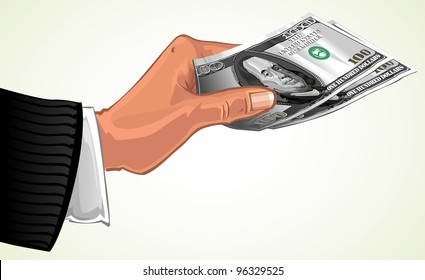 man's hand transferring two hundred dollars